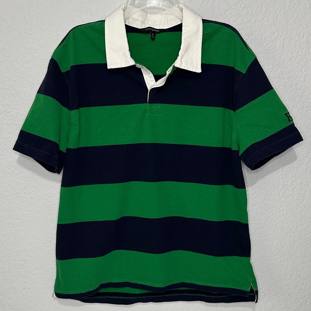 Banana Republic Green & Navy Striped Rugby Short Sleeve Polo Unisex XL